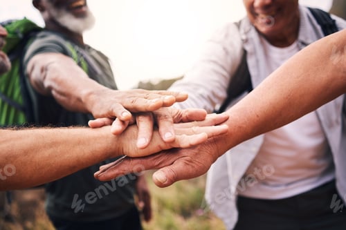 Preview: Hiking, sports and hands of people stack for support, motivation and fitness in outdoor forest. Tea