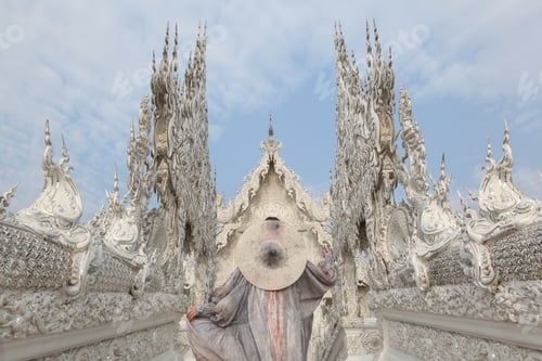 Preview: Tourist Girl In Dress, Hat. Wat Rong Khun, White Temple In Chiang Rai City, Thailand. Religious