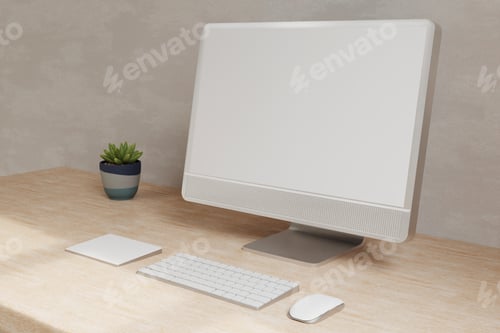 Preview: Minimal Scandinavian working space with desktop computer mockup on wooden table.