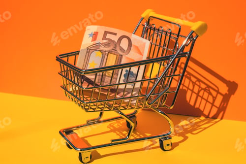 Preview: Euro paper currency 50 banknote money Shopping trolley cart on colorful orange yellow background