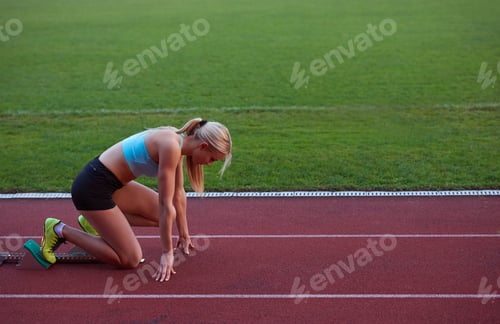 Preview: Athlete Woman Group Running On Athletics Race Track On Soccer Stadium And Representing Competition