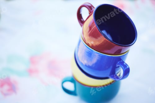 Preview: Group of cup for coffee or tea picnic, breakfast or food and drink catering event. Stack of colorfu