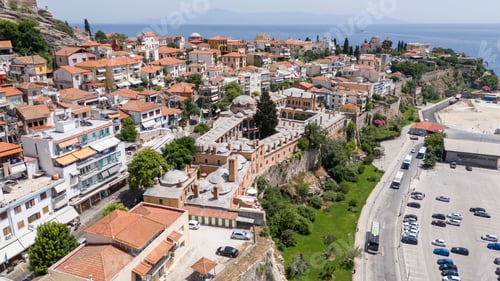 Preview: Drone view old town and Mediterranean sea in Kavala, Greece, Europe
