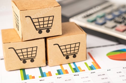 Preview: Shopping cart logo on box on graph background. Banking Account, Investment Analytic research data
