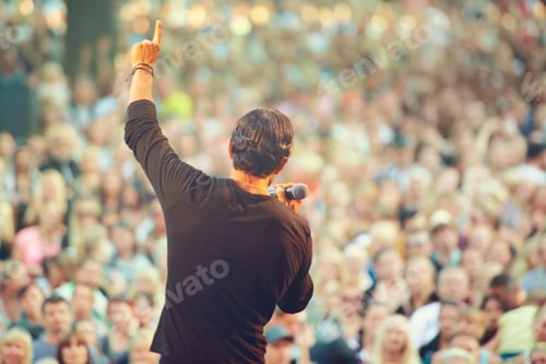 Preview: The crowd loves him. A singer performing in front of a massive crowd at a concert.