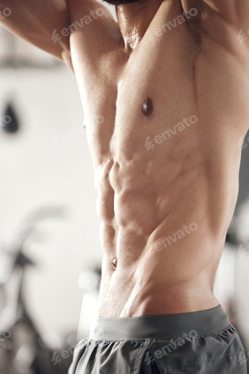 Preview: Closeup of one fit topless mixed race man with muscular hard six pack abs from regular exercise in