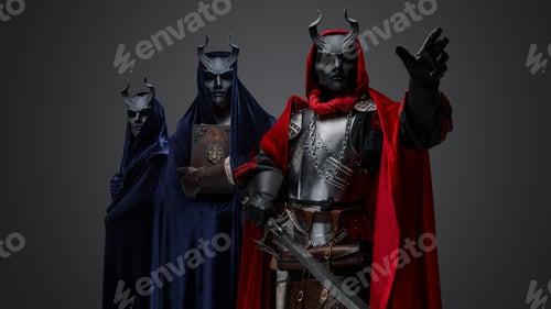 Preview: Haunted occultist with sword and two members of cult