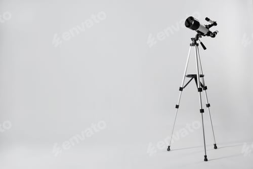 Preview: Tripod with modern telescope on light grey background. Space for text