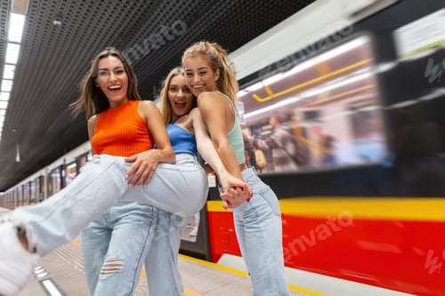 Preview: Three fashion beautiful chic girlfriends walk together