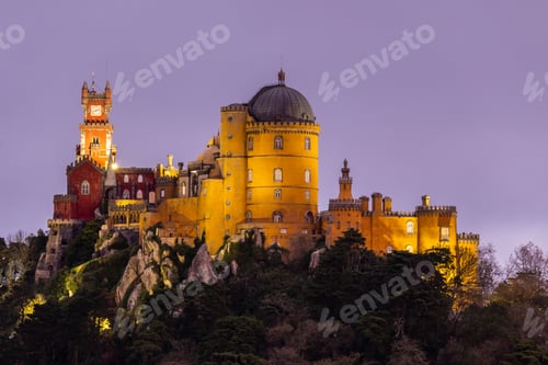 Preview: Illuminated Pena Palace in Sintra at Evening Twilight. Portugal