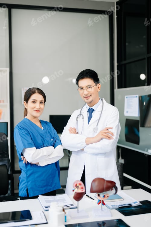 Preview: Successful team of medical doctors looking at camera and smiling while standin. Health