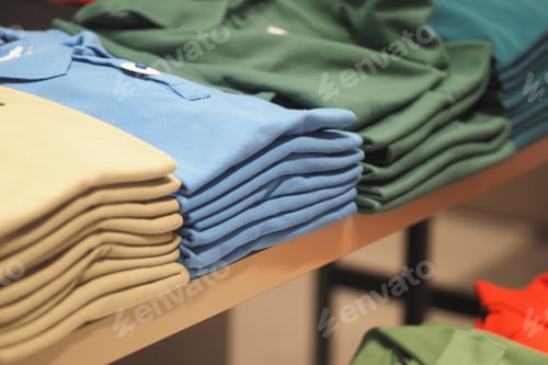 Preview: Colorful Polo Shirts Neatly Stacked on Shelf Display