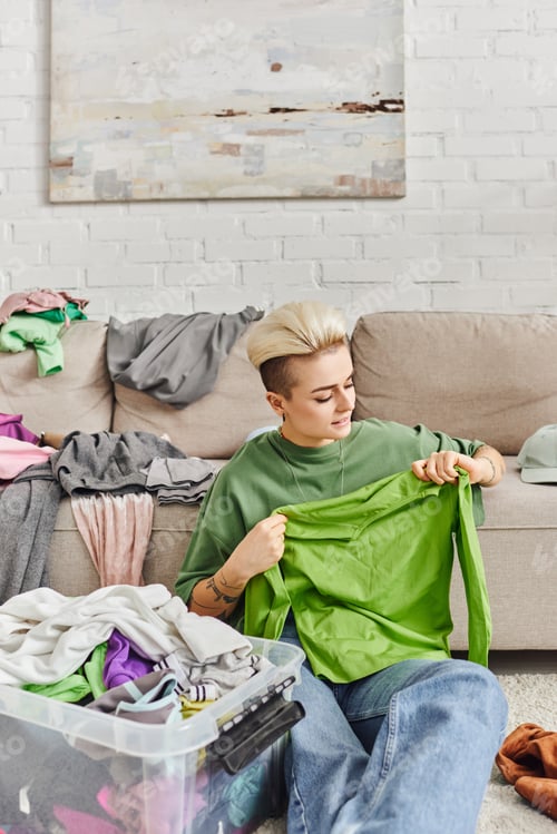 Preview: young woman with trendy hairstyle and tattoo, holding green garment near plastic container