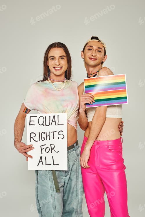 Preview: happy and tattooed lgbt friends holding rainbow flag picture and placard with equal rights for all
