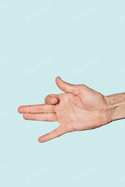 Preview: partial view of man doing hand dog isolated on blue background