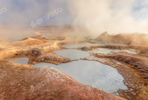Preview: Steam pool in Sol de Manana at sunrise. Geothermal area in Bolivia, South America