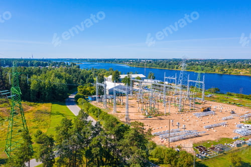 Preview: Aerial shot of electric towers powered by the Riga Hydroelectric Power Plant
