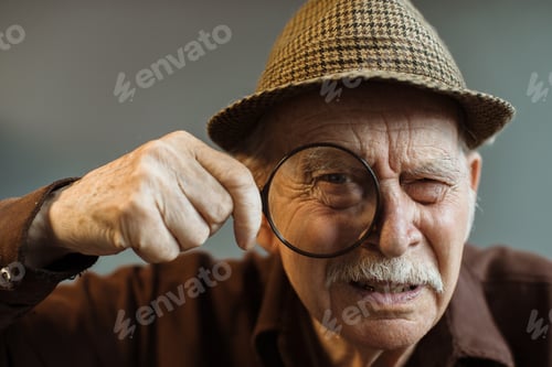 Preview: An old man looks at the camera through a magnifying glass.