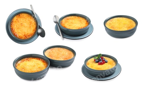Preview: Set with delicious creme brulee on white background