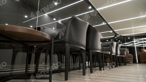 Preview: Business chairs and tables for two in luxurious restaurant. Action. Bottom view of luxurious modern