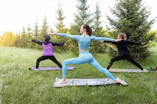 Preview: yoga in nature, three women on yoga mats stand in a yoga pose on a clearing in the forest