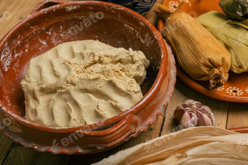Preview: Corn dough nixtamalized in a clay pot to prepare tamales. Typical Mexican food.