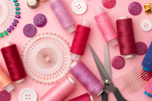Preview: Sewing accessories including thread spools and pins on pink background