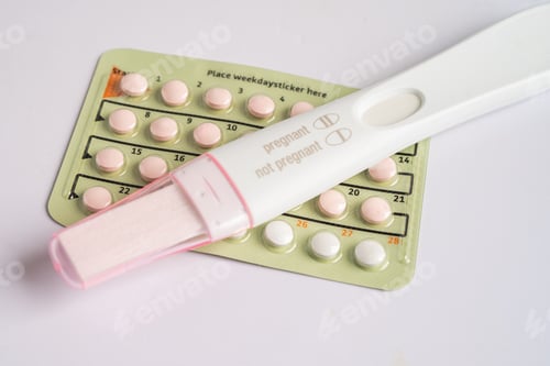 Preview: Pregnancy test and birth control pills, contraception health and medicine.