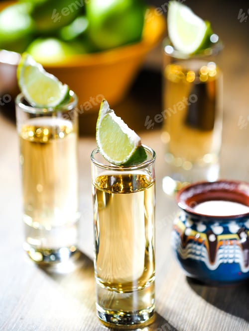 Preview: Three shots of tequila in tall shot glasses