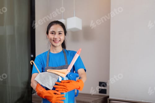 Preview: Cleaning product, and basket with woman asian staff cleaning service in bedroom to clean bacteria