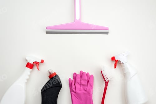 Preview: Cleaning product, household, sanitary supplies on white background. Top view with copy space.