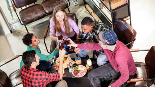 Preview: Top side view of multi racial friends tasting red wine and having fun at winery