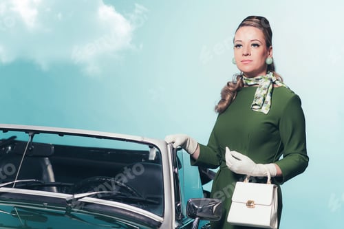 Preview: Retro 60S Woman In Green Dress Standing Next Convertible Car.
