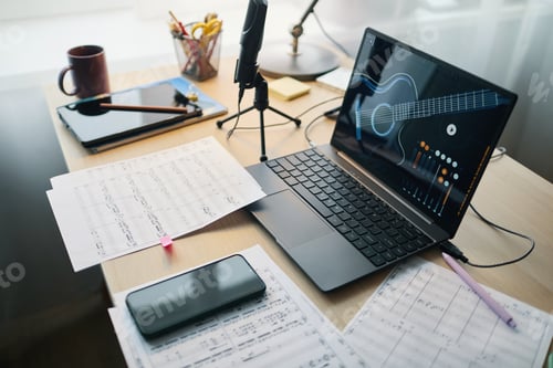 Preview: Organized Home Music Studio with Laptop Setup