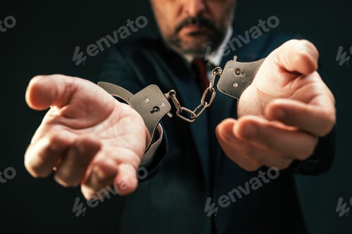 Preview: Arrested corrupted politician with handcuffs, closeup