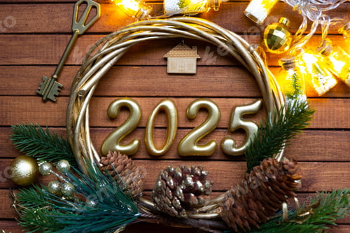 Preview: New Year House key with keychain cottage on festive brown wooden background with number 2025 in wrea