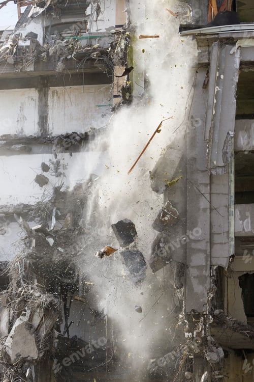 Preview: Demolition of building. Grab crane with hydraulic scissors closeup