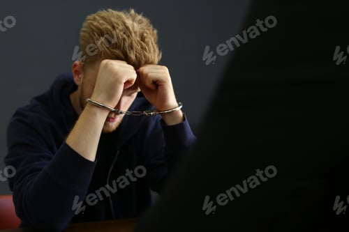 Preview: Police officer interrogating criminal in handcuffs indoors