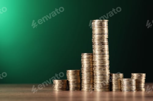 Preview: Stacks of coins on wooden table against green background, closeup. Space for text