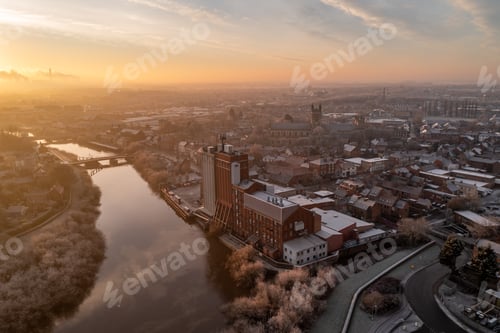 Preview: Aerial view of the North Yorkshire market town of Selby at sunrise