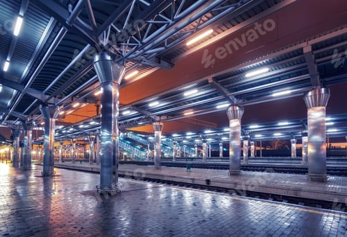 Preview: Railway station at night. Train platform in fog. Railroad