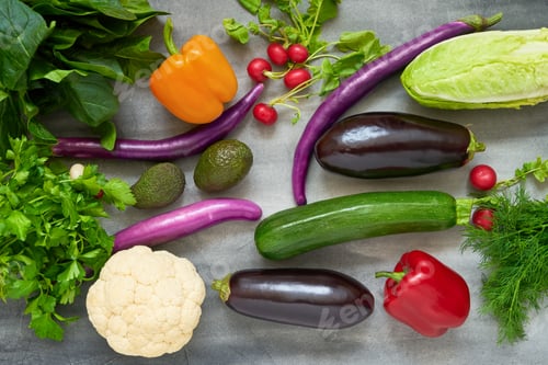Preview: Healthy eating background. Colorful fresh vegetables on gray background. Organic food. Top view
