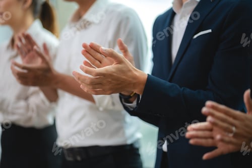 Preview: Happy colleagues business group applauding, partner team clapping to their company teamwork
