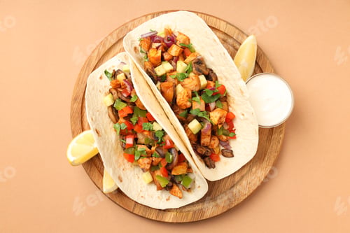 Preview: Concept of tasty food with taco on beige background