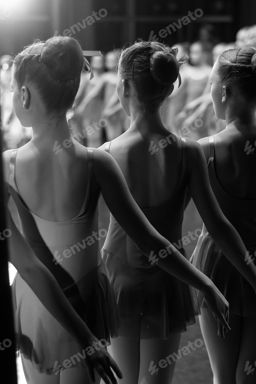 Preview: Little ballerina girls stand on stage, rear view