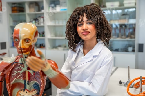 Preview: Medical student studying human anatomy with anatomical model in university lab
