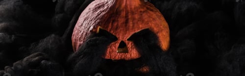 Preview: panoramic shot of spooky carved Halloween pumpkin with black clouds