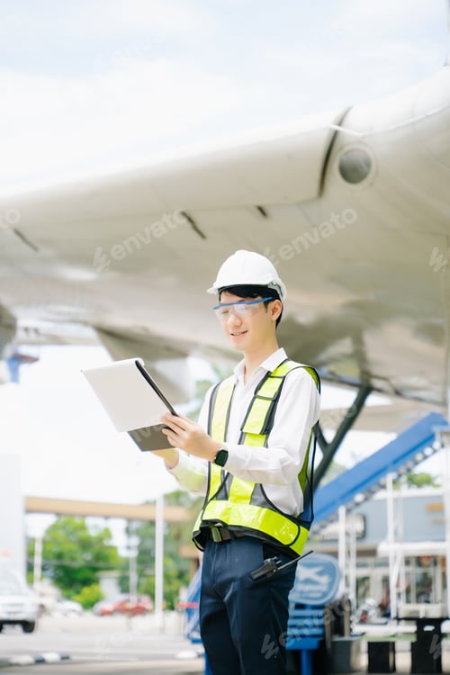 Preview: Aviation engineer inspects airplane for safety compliance. Professional aerospace technician at work