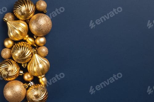Preview: Christmas card with golden balls on blue background