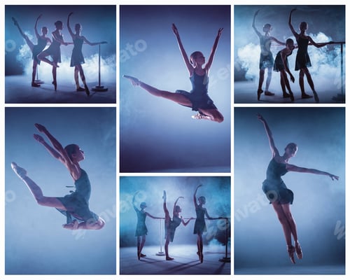 Preview: The collage from images of young ballerinas stretching on the bar